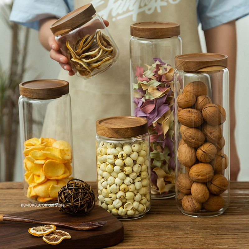 Coffee Tea Canister Set - 나무 뚜껑 유리 밀폐 용기 주방