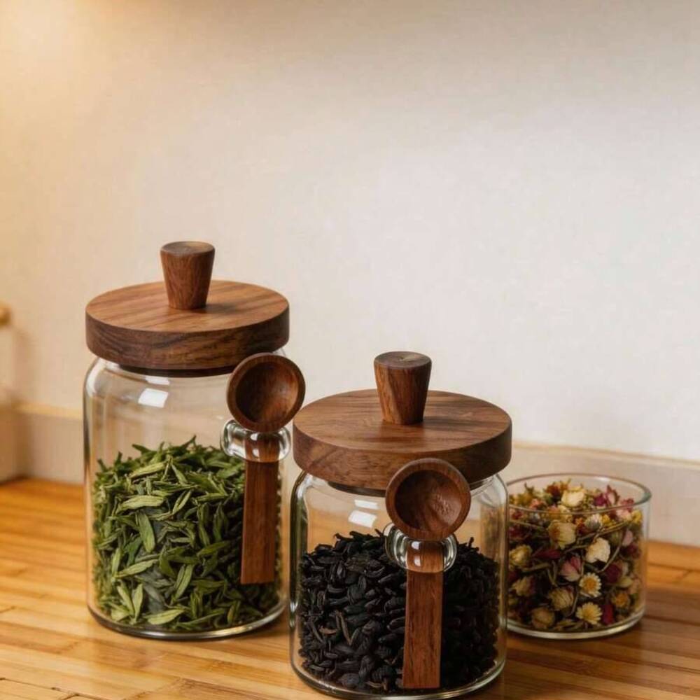 Coffee Tea Canister Set - 3개 세트 투명 유리병 나무 뚜껑