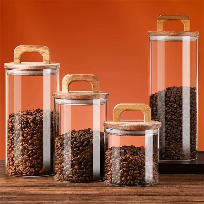 Coffee Tea Canister Set - 대나무 뚜껑이 달린 투명 유리 항아리