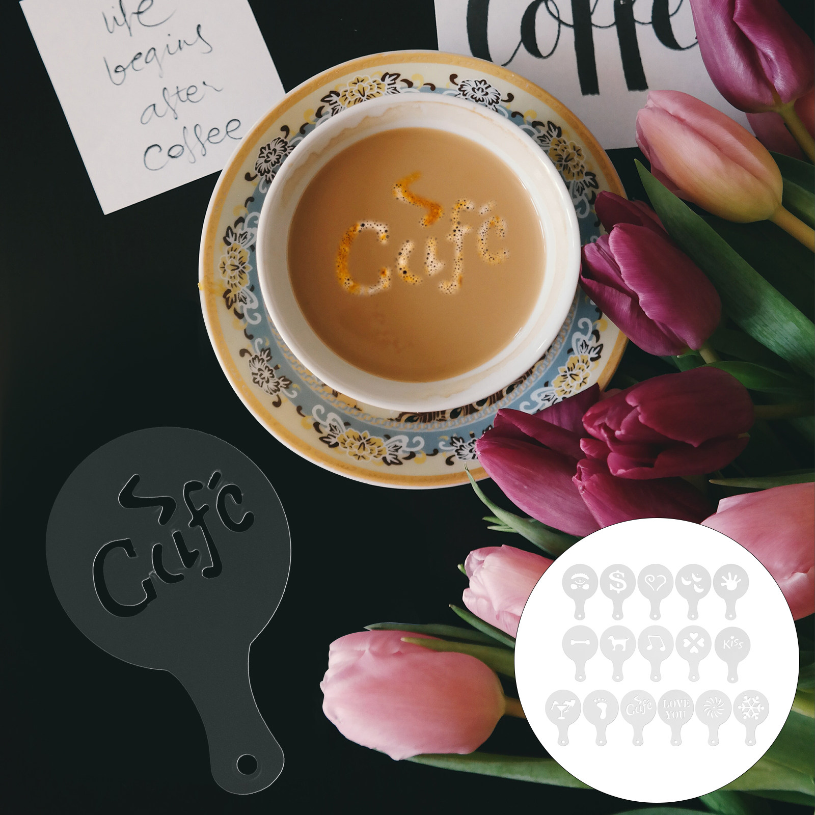 Coffee Stencil Art - 16개들이 커피 스텐실 세트, 전문가용 라떼