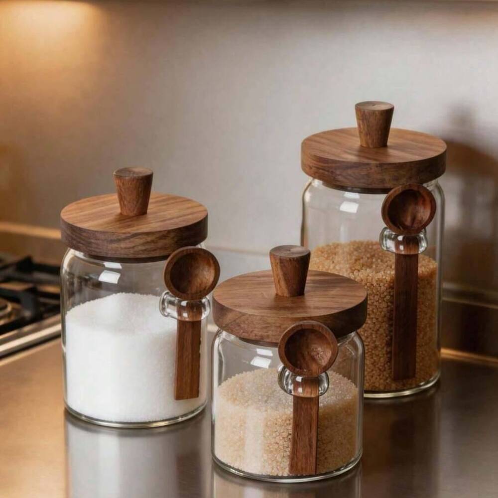 3개 세트 투명 유리병 나무 뚜껑 및 어울리는 스푼 포 - Coffee Tea Canister Set 리뷰 및 가격