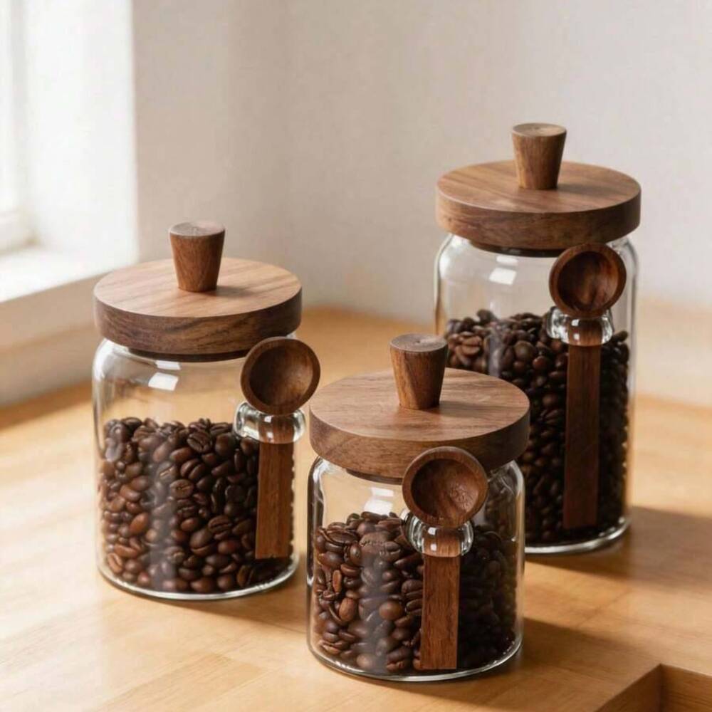 3개 세트 투명 유리병 나무 뚜껑 및 어울리는 스푼 포 - Coffee Tea Canister Set 리뷰 및 가격
